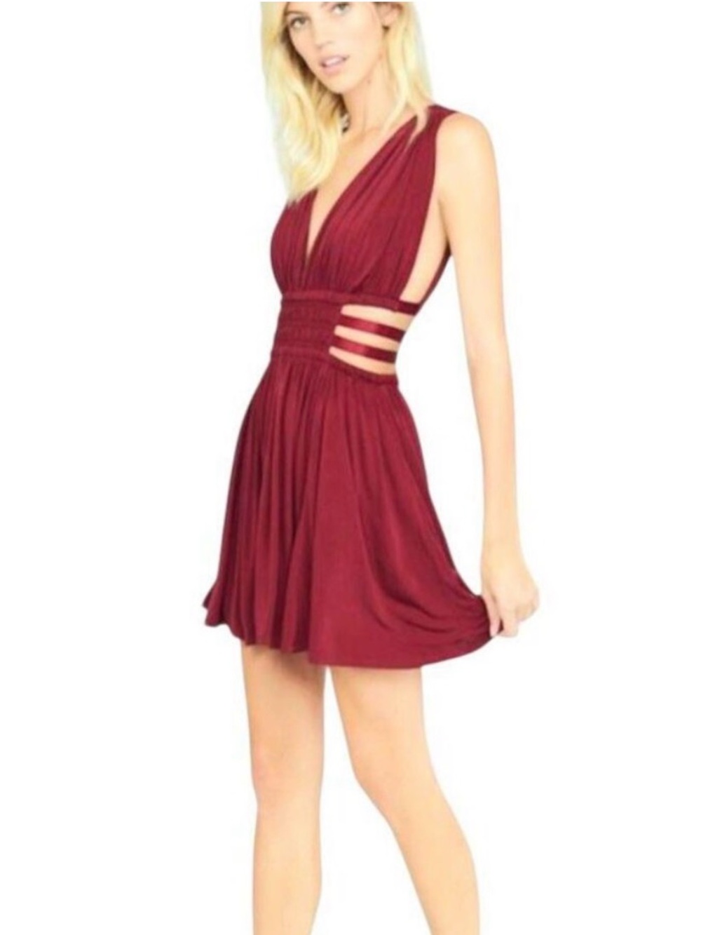 Express Satin V-Neck Sleeveless Strappy Ruched Cutout Mini Dress